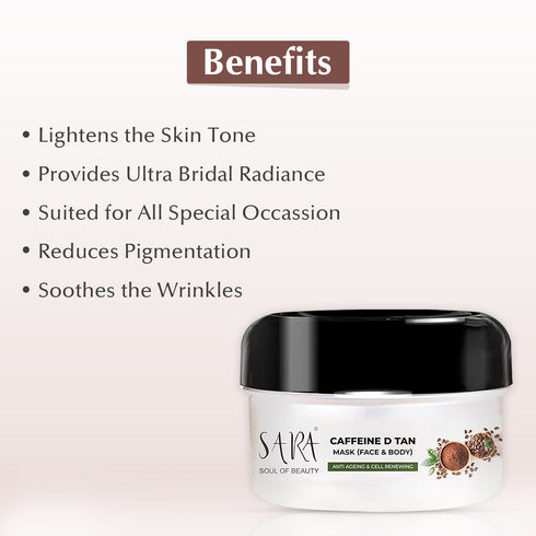 Sara D-Tan Caffeine Mask Pack For Instant Tan & Glowing Skin | 330 gm & Sara Oxy Mask De- Tan Kit | For Instant Tan removal | 72 gm