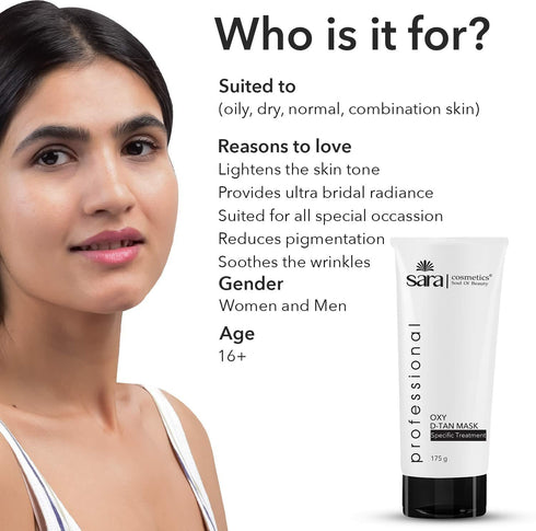 Sara Oxy D-TAN Mask for Tan Removal and Skin Tone Correction for Oily and Blemish Prone Skin (175 g) | De-tan for Men and Women | With D-Tan Manicure & Pedicure Kit