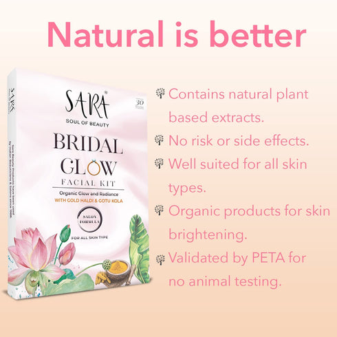 Sara Bridal Glow Facial Kit With Gold Haldi & Gotu Cola For Instant Brightening & Whitening Skin | Suitable For All Skin Types | With Oxy D-Tan Mask 175gm (Combo pack) | 216g