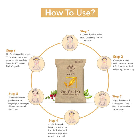 Sara Gold Facial Kit For Bridal-Looking Skin | Salon Like Glow At Home | Perfect Facial Kit For All Skin Types | For Women & Men | 6x43g