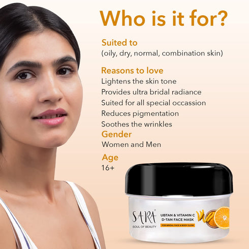 Sara Ubtan & Vitamin C D-TAN® Face Mask Pack for Glowing Skin | Detan for All Skin Types, 330g