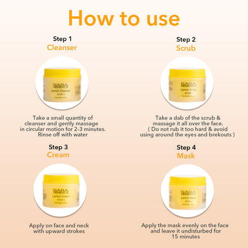 Sara Lemon Facial Kit | All in 1 ( Cleansing + Scrub + Cream + Mask ) | Suitable For All Skin Type | 4x50g