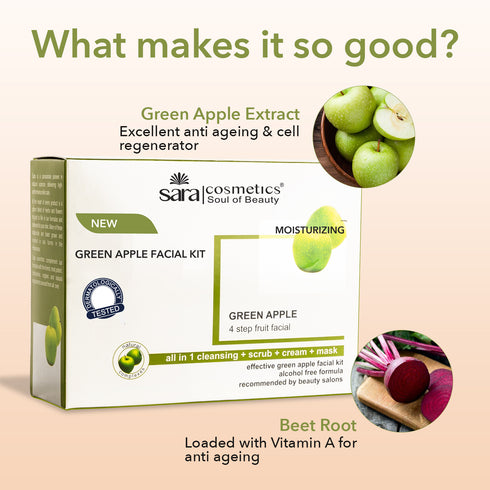 Sara Green Apple Facial Kit | All in 1 ( Cleansing + Scrub + Cream + Mask ) | Suitable For All Skin Type | 4x50g