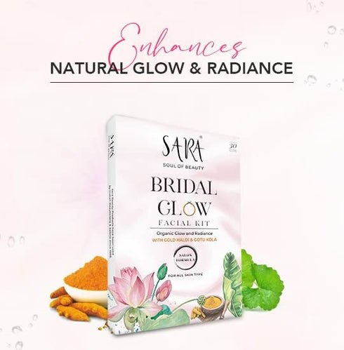 Sara Bridal Glow Facial Kit For all skin types (41gm) | Organic Glow and Radiance with Gold Haldi & Gotu Kola | Pack of 4