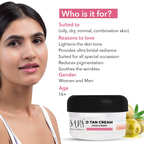 Sara D-Tan® Face & Body Cream For Instant Glowing Skin & De- Tan removal For All Skin Types, 330 gm